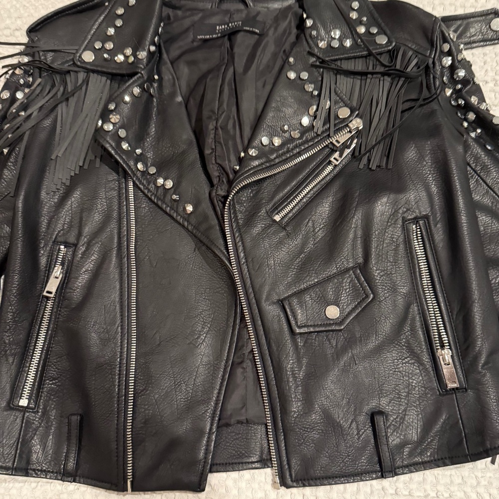 Zara Studded Faux Leather Fringe Jacket